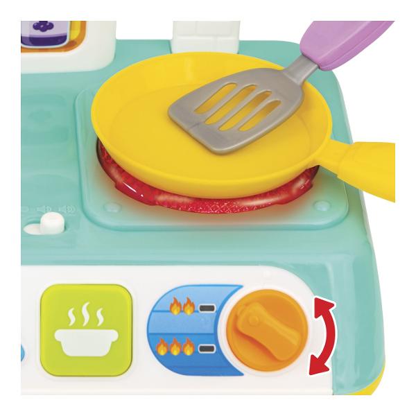 Jucarie Bucatarie Interactiva este un centru de joaca pentru micii bucatari conceput pentru jocuri de rol si activitati interactive Jucaria include o carte cu retete si ustensile pentru gatit astfel incat copilul poate imita pregatirea diferitelor preparate Rotirea butonului de temperatura activeaza o lumina intermitenta iar cele 3 butoane interactive ajuta la descoperirea diferitelor forme si alimente Robinetul poate fi rotit pentru a reda sunete realiste de apa iar bucataria include si 