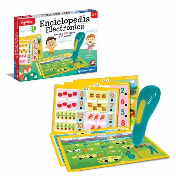 Agerino Enciclopedia Electronica este un joc educativ interactiv conceput pentru copiii cu varsta de la 5 ani in sus care transforma invatarea intr-o activitate distractiva si usor de parcurs Cu ajutorul stiloului electronic copilul poate raspunde la intrebari verifica imediat raspunsurile si descoperi informatii din mai multe domenii importante pentru dezvoltarea sa Setul include peste 500 de intrebari si 60 de activitati educative concepute pentru a-i ajuta pe cei mici sa exerseze si sa 