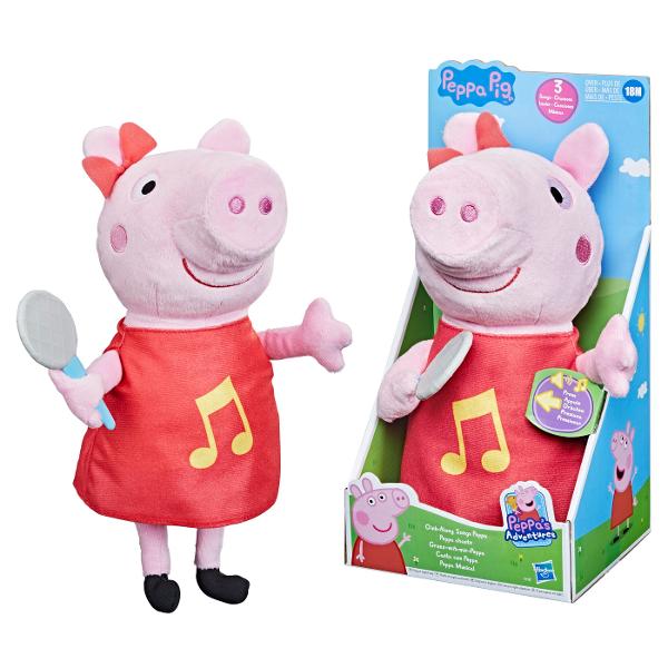 Peppa Pig iubeste sa cante iar cu papusa de plus Peppa Oink-Along Songs copiii pot canta impreuna cu ea Inspirata de apreciata serie animata a Entertainment One UK aceasta papusa Peppa Pig de 28 cm este moale pentru imbratisare si vine cu un accesoriu de microfon pentru a canta Vrei sa-i auzi cantecele Este usor Doar apasati-i pe burta pentru a o auzi cantand vorbind razand sforaind sau urland Ea canta 3 melodii si spune 3 fraze pe care prescolarii si le-ar putea aminti din 