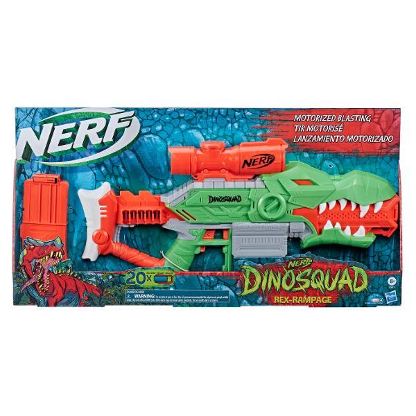 Faceti echipa cu dinozauri legendari ca membru al echipei de elita DinoSquad Valorificati forta extraordinara a celor mai mari dinozauri dintre toti si lansati-va in aventuri uimitoare Intra in lupta cu puterea unui T-Rex cu blasterul Nerf DinoSquad Rex-Rampage Are un design minunat de dinozaur captand aspectul unui dinozaur Tyrannosaurus Rex Ruleaza motorul acestui blaster motorizat si apasa pe tragaci pentru a trage sageti rapid Vine cu o clema cu 10 sageti astfel incat sa poti trimite 