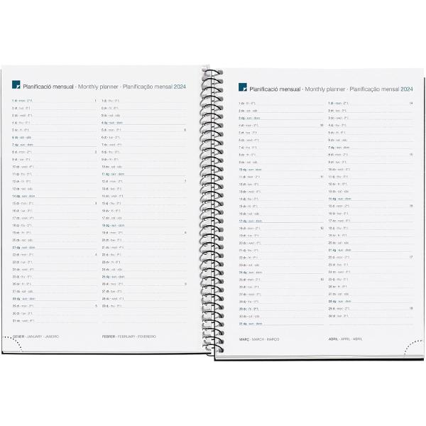 Agenda datata 2024 ianuarie 2024 - decembrie 2024 Dimensiune 155 x 213 mm similar cu A5 Limbile agendei catalan&259; englez&259; &537;i portughez&259;Con&539;ine calendare pe 3 ani calendar bilunar pe fiecare pagin&259; dubl&259; recomand&259;ri date de re&539;inut planificator 