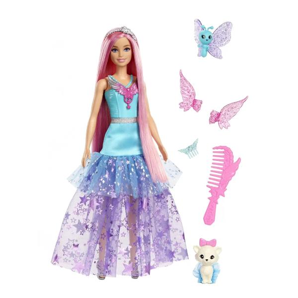 Aceasta papusa Barbie poate fi descrisa ca fiind magica doar cu parul ei lung fantastic si rochia stralucitoare Papusa Barbie poarta o tinuta stralucitoare inspirata de look-ul ei din Barbie A Touch of Magic Doua animale de companie si accesorii de styling adauga distractie fantastica si animalele ei de companie sunt fantastice Ea vine cu un prieten fluture adorabil precum si un pisoi de companie care poarta un tutu super dragut Papusa nu poate sta singura Culorile si decoratiunile 