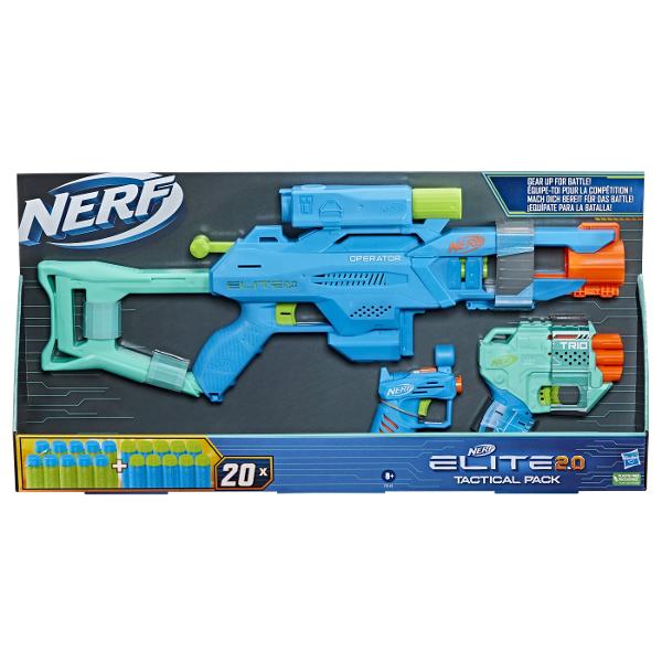 Triplati-va actiunea de lupta cu Elite Nerf 20 Tactical Pack care include 3 blastere si 20 proiectile Nerf Elite Lanseaza-te in batalii de 2 proiectile cu Operator DB-2 un blaster care trage cu 2 proiectile intr-un rand are un locas pentru 2 proiectile amorsare prin tragerea manerului tinta si pat arma Pentru un atac cu trei proiectile apuca blasterul Trio TD-3 care dezlantuie 3 proiectile intr-un rand are 3 locasuri pentru proiectile si o sina tactica Pregateste-te pentru asul din 