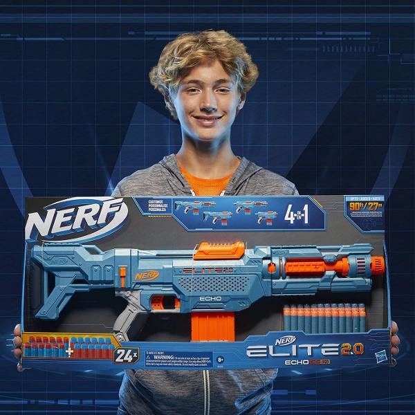 Echipeaza-te pentru lupta cu blasterele Nerf Elite 20 cu optiuni de personalizare incorporate astfel incat sa le poti imbunatati si sa le pui la bataie in competitiile Nerf Creeaza-ti o colectie de blastere Elite 20 pentru a-ti optimiza strategia tactica si flexibilitatea in fiecare misiune si in fiecare lupta Blasterul Nerf Elite 20 Echo CS-10 include un pat si o extensie pentru teava demontabile astfel incat sa iti poti personaliza blasterul in mai multe feluri Foloseste cele 4 sine 