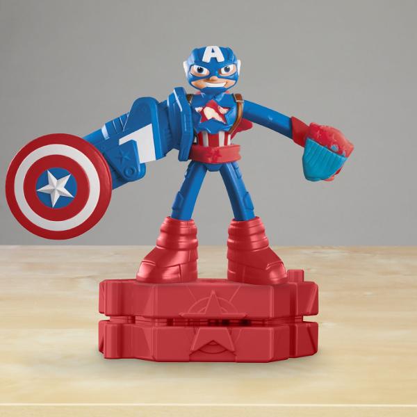 Potriviti imaginatia copiilor cu aceasta figura de actiune Play-Doh Marvel Figura de actiune flexibila de 10 si accesoriile Play-Doh le permit copiilor sa joace povesti epice Imagineaza-ti ca te lupti cu raufacatorii cu instrumente grozave si 2 cutii de compus de modelare Acest kit Play-Doh este excelent pentru cadouri pentru copii pentru fanii figurilor super-eroi activitatilor de arta si mestesuguri si jocului senzorial Acest pachet contine personajul Captain America