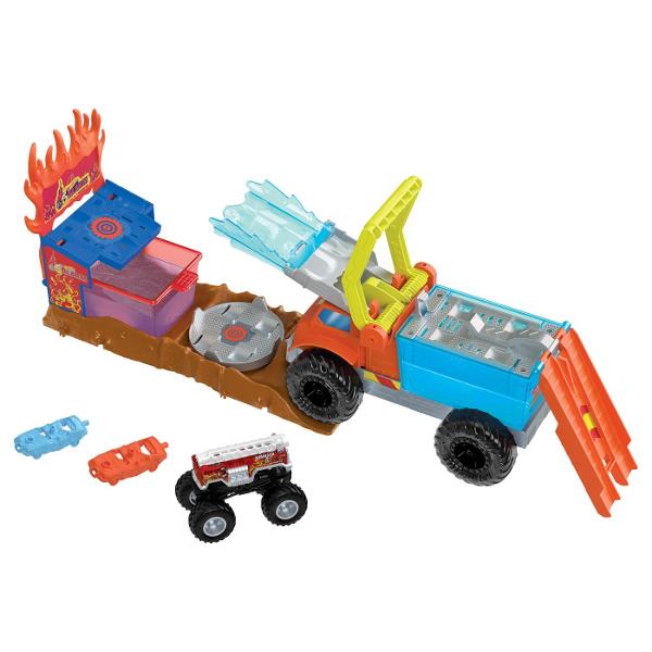 Actiunea de schimbare a culorii este in flacari cu setul de joc Hot Wheels Monster Trucks Arena Smashers Color Shifters 5-Alarm Rescue Copiii conduc Color Shifters HW 5-Alarm inclus in rezervorul de apa rece ca gheata al unei platforme detasabile pentru a initia prima schimbare de culoare inainte de a tinti spre un zid de flacari din spatele unei tribune Loviti locul zdrobitor si 5-Alarm se prabuseste in tribune cele doua masini zdrobibile incluse si Monster Truck cad in apa foarte calda si 