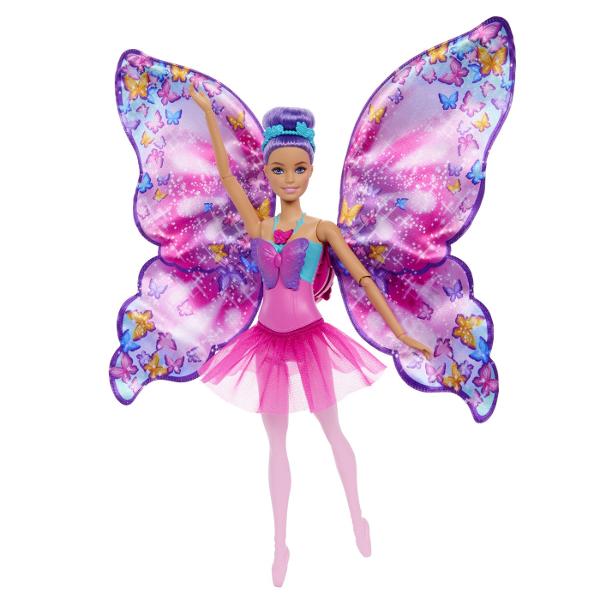 Inspiratia si imaginatia prind aripi cu papusa Barbie Dance and Flutter o jucarie uimitoare care aduce un moment magic de transformare 2 in 1 Printr-o simpla apasare a lantisorului de pe corset fusta mov a papusii se deschide ca prin magie dezvaluind aripi mari si stralucitoare de fluturePapusa Barbie are o coafura fermecatoare cu parul mov prins intr-un coc si o bentita florala care completeaza aspectul de balerina magicaCu Barbie Dance and Flutter copiii pot trece de la dansatoare la 