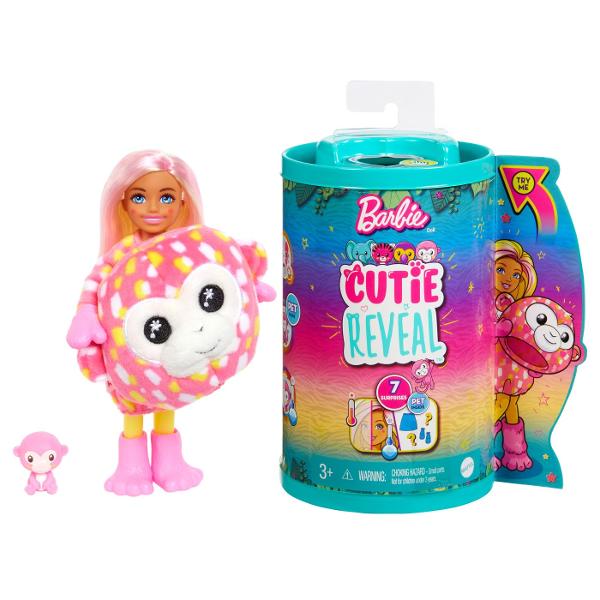 Papusile Barbie&reg Cutie Reveal&trade Jungle Series Chelsea&trade ofera cea mai draguta experienta de despachetare cu sapte surprize Descoperiti un pui de elefant fermecator un pui de tigru adorabil un pui stralucitor de tucan sau un pui de maimuta obraznic apoi scoateti costumul de plus pentru a dezvalui o papusa Chelsea&trade articulata Ce papusa vei dezvalui Fiecare papusa mica vine cu forme stralucitoare pe fata Descopera mai multe surprize precum o fusta si un mini 