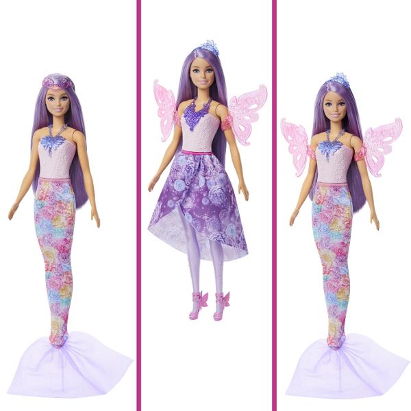 Combina si potriveste peste 10 look-uri magice cu acest set de imbracaminte Barbie Fantasy Acest pachet de moda include 8 piese inclusiv o coada de sirena un set de aripi o fusta si accesorii Copiii pot stiliza si transforma aceasta papusa Barbie pentru aventuri fantastice de la mare la cer si oriunde altundeva ii duce imaginatia