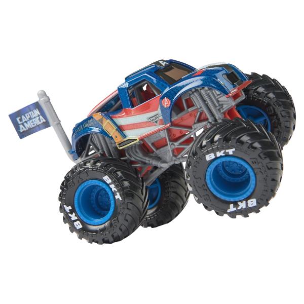 Paseste in universul plin de actiune in care Monster Jam huruie si supereroii Marvel se inalta Seria de camioane vopsite Marvel Monster Jam la scara 164 nu este doar o colectie Este un omagiu adus Universului Marvel Aceste camioane de tip monster truck inscriptionate cu simbolurile si culorile unor embleme precum Thor Captain America Iron Man Black Panther si Spider-Man aduc acasa spectacolul superputerilor si al cascadoriilor de pe stadion Cu anvelope autentice BKT si o caroserie cu 