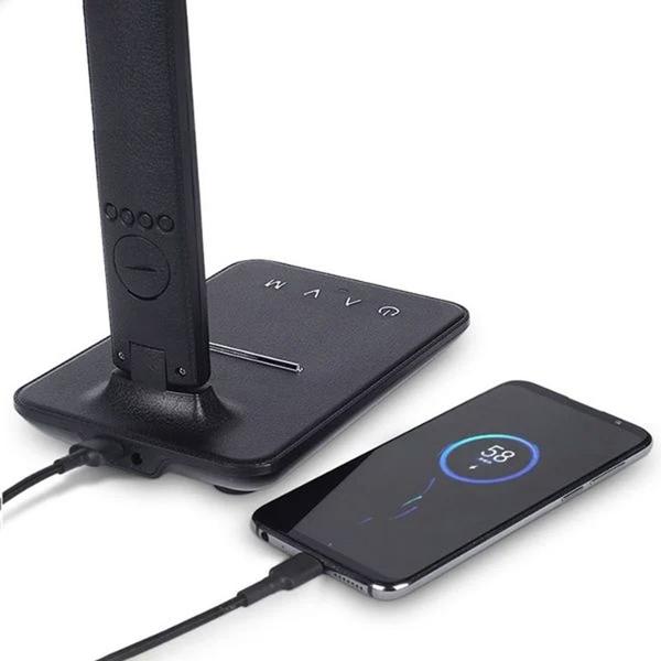 Lampa cu led de birou incarcator wireless 10W  LexiumIncarcare wireless QIIncarcare USBIncarcator inclusControl tactil3 temperature de culoare5 trepte de luminozitate40-420 lumenTensiune intrare DC 5V 5W Incarcare wireless DC 12V 10W Incarcare wirelessLuminozitate 40-420 LmTemperaturi de culoare 3000K-4500K-6000KMaterial ABSPSAfisare ora data si temperatureCeas desteptatorTensiune 