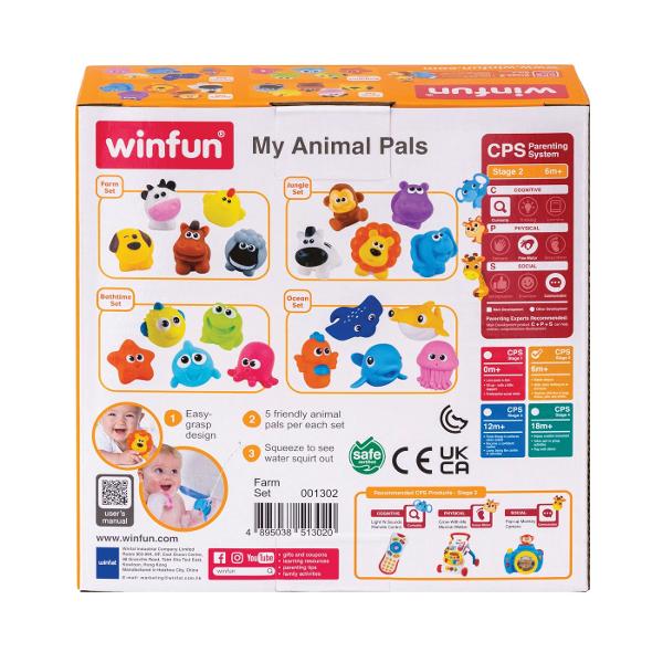 Setul Jucarii de Baie Animalute Winfun include cinci figurine prietenoase inspirate de animalele din jungla hipopotam leu maimuta elefant si zebra Aceste animalute colorate sunt ideale pentru a transforma baia intr-o experienta distractiva Fiecare animalut este usor de manevrat stimuland dezvoltarea abilitatilor motorii fine ale micutilor Setul incurajeaza jocurile imaginative si ajuta copiii sa invete despre animale intr-un mod jucaus chiar si in timpul baii Animalutele sunt 