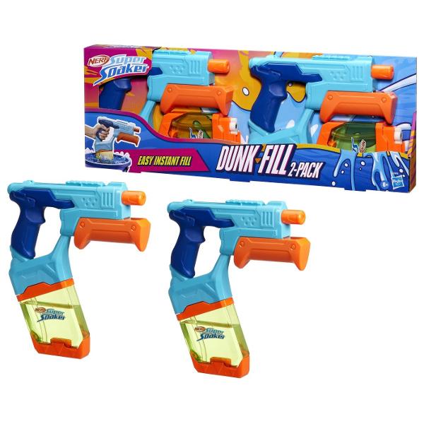 Setul Nerf Super Soaker Dunk-Fill include 2 blastere cu rezervoare cu umplere instantanee astfel incat esti gata sa te lansezi pe suvoaie de distractie Designul inovator al rezervorului permite umplere super rapida pur si simplu scufunda-l si da drumul distractiei Nimic complicat doar scufunda rezervoarele in apa si priveste cum se umplu rapid Fiecare rezervor transparent are capacitate de 300 ml Scufunda fiecare rezervor in apa si esti gata pentru jocuri cu apa in aer liber intr-o clipa 