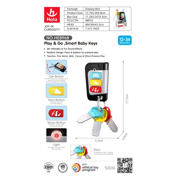 Jucarie interactiva si educativa special conceputa pentru copiii cu varsta intre 12 si 36 de luni Jucaria imita un set real de chei auto si include telecomanda cu butoane colorate care redau peste 20 de melodii si efecte sonore distractive Designul realist si culorile vii atrag atentia celor mici si ii incurajeaza sa exploreze sa apese butoanele si sa descopere sunetele dezvoltandu-si astfel motricitatea fina si intelegerea relatiei cauza-efect Cheitele din plastic durabil sunt sigure 