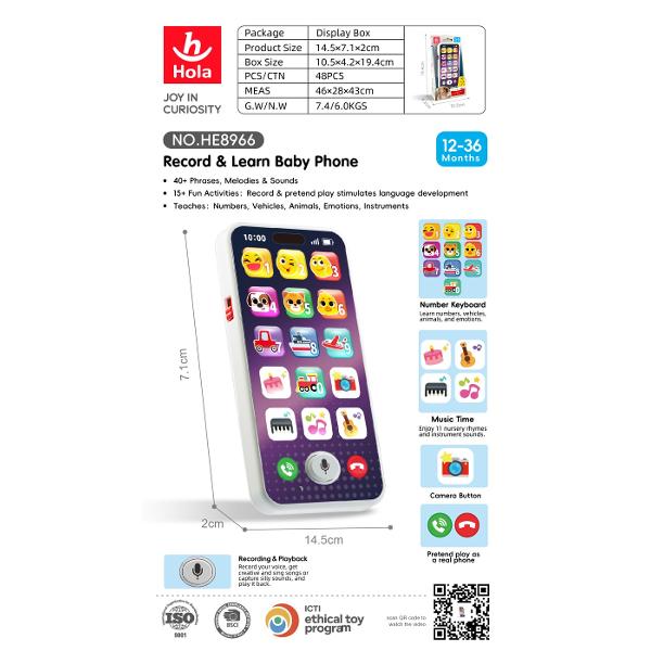Telefonul interactiv de la Hola Toys este o jucarie educativa si captivanta special conceputa pentru copiii cu varsta intre 12 si 36 de luni Cu un design modern inspirat de telefoanele reale acest dispozitiv ofera peste 40 de fraze sunete si melodii care stimuleaza curiozitatea si dezvoltarea copilului Include peste 15 activitati amuzante care incurajeaza recunoasterea numerelor formelor culorilor sunetelor si emotiilor Functia de inregistrare ii permite celui mic sa-si auda propriul 