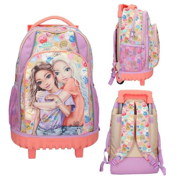 Ghiozdan troller TopModel Girl PowerRucsacul scolar TOPModel este alegerea ideala pentru scoala combinand stilul modern cu functionalitatea Cu un design atractiv in nuante de bej liliac si coral si un imprimeu dublu colorat acest rucsac se remarca prin detalii cool aplicate pe fata laterale si breteleDotat cu un carucior integrat si maner telescopic inaltime extinsa aprox 86 cm rucsacul poate 
