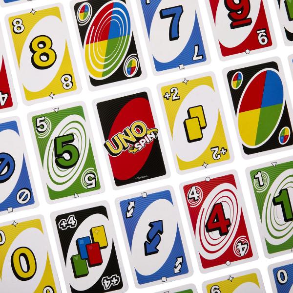 UNO Spin ofera o versiune diferita a jocului clasic UNO si este ideal pentru toata lumea Jucatorii joaca pe rand carti UNO potrivind culoarea numarul sau actiunea pentru a scapa de toate cartile lor Cand se joaca o carte Spin jucatorul invarte roata si urmareste actiunea Exista diferite posibilitati de rotire cum ar fi desenarea culorilor schimb de maini eliminare culoare rotire dubla Poate schimba cursul jocului mai ales daca cineva uita sa strige &bdquoUNO&rdquo Jocul 