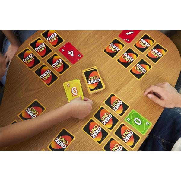 Jucatorii care iubesc jocul de carti UNO vor adora UNO Zero si rasturnarea sa captivanta Scopul este sa obtii cel mai mic scor posibil tintind catre zero absolut In loc sa tina cartile in mana jucatorii incep jocul creand o grila 2x3 cu carti intoarse  apoi schimba carti de valoare mare cu carti de valoare mica pentru a-si pacali adversarii si a obtine scoruri mici Cat de jos pot ajunge Cartile de actiune pot schimba cursul jocului precum Reverse si Skip Pentru 2 pana la 8 jucatori cu 