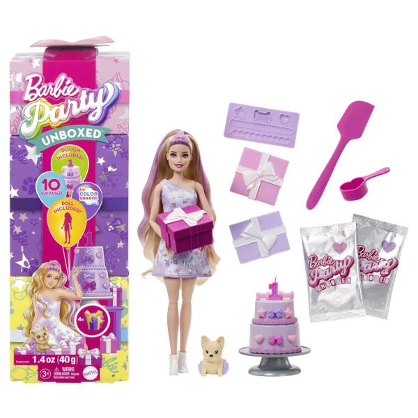 Cu 10 surprize care asteapta sa fie &bdquodesfacute&rdquo seria Barbie Party Unboxed Pet Birthday transforma despachetarea intr-o petrecere cu un teanc de 4 cadouri care ascund o papusa un animal de companie si multe altele Ce papusa vei dezvalui Unbox the Birthday Bows este pregatit sa gaseasca o papusa de moda blonda cu fire de par roz si un tip de corp inalt impreuna cu o rochie roz decorata cu fundite metalizate argintii si cizme albe Continuati sa deschideti 