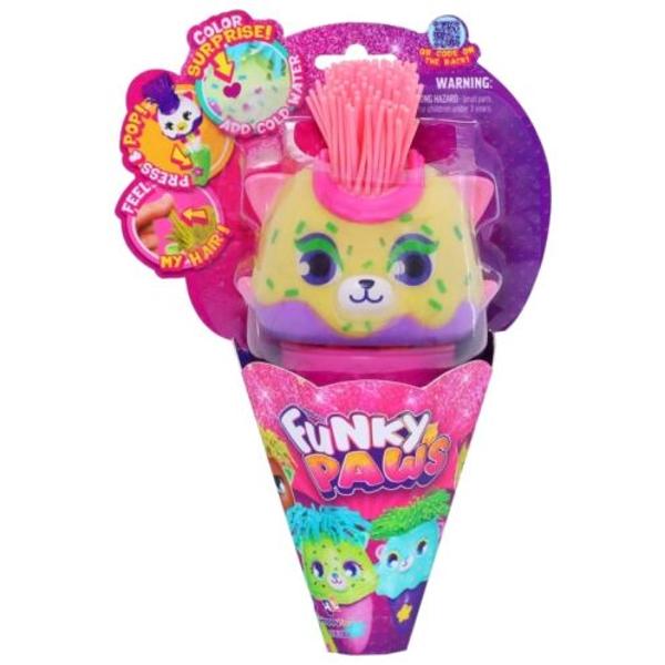 Interactivitate inovativa&nbsp;In contact cu apa rece pe capetele Funky Paws apar elemente decorative invizibile in mod normalParul din silicon colorat si extensibil&nbsp;Ofera experiente tactile si vizuale imbunatatite incurajand jocul creativMecanism activat prin buton&nbsp;Apasarea butonului in forma de stea face ca figurina sa sara din baza sa in forma de conMaterial de 
