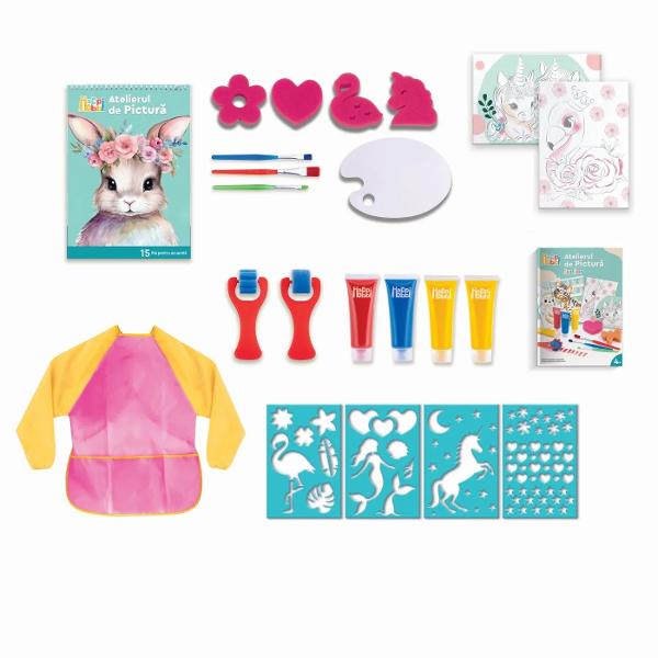 Atelierul de Pictura Junior este setul ideal pentru ca cei mici sa descopere magia artei de la o varsta frageda Copiii invata sa foloseasca pensulele sabloanele si accesoriile incluse pentru a-si exprima creativitatea si a se familiariza cu tehnicile de pictura Pot picta desenele gata facute din paginile preimprimate ale blocului de desen in acuarela urmand instructiunile din ghidul ilustrat dar pot crea si propriile opere de arta lasandu-si imaginatia libera Cu sortul pus micii 
