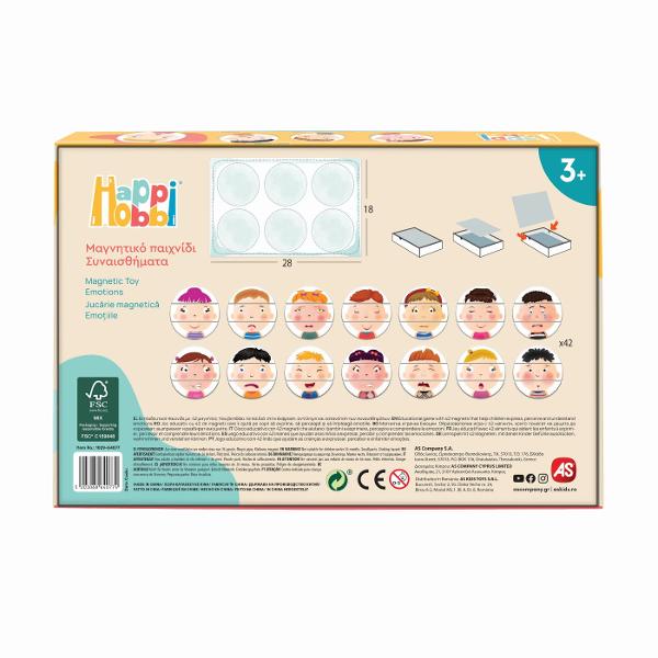 Un joc educativ de invatare emotionala cu 42 de magneti de hartie Setul ii familiarizeaza pe copii cu invatarea emotionala ajutandu-i sa recunoasca mai intai diferitele expresii faciale si apoi cu ajutorul ghidului ilustrat sa invete cum se reflecta emotiile umane in expresiile lor Fiecare magnet descrie trasaturi diferite pentru a reflecta expresii si emotii variate Cum arata cineva cand este fericit trist sau suparat Cum se manifesta sentimentele de gelozie rusine iubire sau 