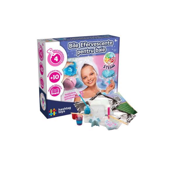 Distreaza-te creand bombe de baie colorate fantastice cu acest set Invata sa realizezi experimente chimice educative uimitoare si lasa-ti imaginatia sa zboare cu aceasta jucarie de baie fantastica Pregateste-le si urmareste efectul lor efervescent incredibil Continutul setului spatule de lemn forme pentru bilele efervescente pentru baie amidon bicarbonat de sodiu acid citric pipete Pasteur pahar mic de masurat sclipici roz pigment cosmetic albastru