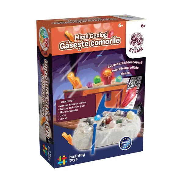 Pregateste-te pentru o aventura stralucitoare in lumea pietrelor pretioase cu acest SET MICUL GEOLOG GASESTE COMORILE Cu aceasta jucarie educativa poti explora si excava propriile pietre pretioase Descopera cele 10 pietre pe care le-am pregatit pentru tine si invata cum sa identifici mineralele explorand istoria fascinanta din spatele fiecareia Devino un adevarat expert in pietre pretioase cu acest set