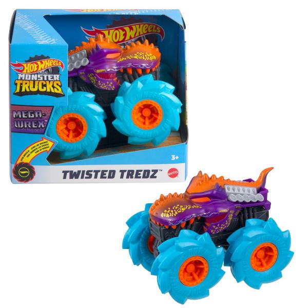 Zdrobiti concurenta cu acest asortiment de vehicule monster truck Hot Wheels Twisted Tredz la scara 143 monstruoase cu sasiuri cu tematica de creatura Motorul cu frictiune cu actiune de tragere inapoi si eliberare lanseaza aceste vehicule feroce peste obstacole si teren cu o deplasare inainte care rupe pamantul Accelerati si eliberati vehiculele de neoprit Mega Wrex Bone Shaker Rodger Dodger sau Marvel Hulk pentru busituri si lovituri Fiecare Monster Truck are cauciucuri GIGANT stilizate 