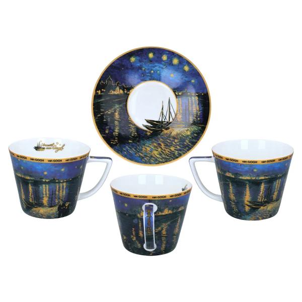 Set elegant realizat din por&539;elan fin inspirat de celebra oper&259; &bdquo;Noapte &icirc;nstelat&259; peste Rhone&rdquo; de Vincent van Gogh ce aduce arta mai aproape de momentele tale de relaxare Setul con&539;ine o cea&537;c&259; de 230 ml cu farfurioar&259; asortat&259; &537;i o can&259; de 400 ml ambele decorate cu nuan&539;e vibrante &537;i detalii artistice specifice stilului inconfundabil al marelui pictorp data-start421 