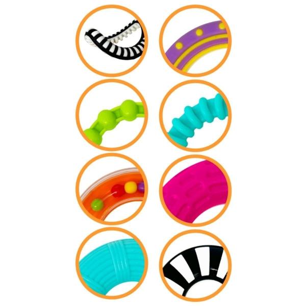 Winfun Stivuitor Cu Inele Senzorial este o jucarie educativa pentru bebelusi conceputa pentru a stimula dezvoltarea senzoriala si coordonarea inca de la varste fragede Setul include mai multe inele colorate cu texturi diferite usor de prins si de manevrat de catre mainile mici Baza instabila de tip wobble adauga un element de miscare care face jocul mai interactiv si mai distractiv incurajand copilul sa exploreze si sa repete actiunile Fiecare inel are forme culori si suprafete variate 