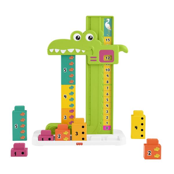 Jucaria educativa Fisher-Price Stivuibila Alligator ii ajuta pe copii sa invete concepte matematice de baza prin joc si interactiune Designul colorat in forma de crocodil transforma invatarea numerelor si a adunarilor simple intr-o activitate distractiva Setul include blocuri numerotate si un mecanism glisant care permite copiilor sa combine numerele si sa descopere rezultatul pe scala de calcul Prin manipularea pieilor si rezolvarea provocarilor simple copiii isi dezvolta gandirea logica 