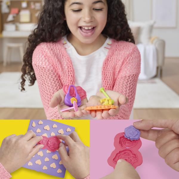 Play-Doh Barbie este un set creativ care imbina universul fashion Barbie cu distractia modelarii plastelinei Copiii de peste 5 ani pot crea tinute spectaculoase decorate cu flori inimi diverse modele decorative si folosesc foile cu sabloane incluse pentru a realiza texturi si detalii elegante Setul contine mai multe culori de plastelina Play-Doh accesorii si elemente pentru personalizarea rochiilor si accesorii oferind libertate totala de exprimare si creativitate Este ideal pentru 