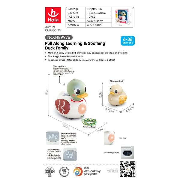 Jucarie interactiva de tras Familia De Ratuste conceputa speciala pentru bebelusi si copii mici care imbina joaca activa cu stimularea senzoriala Produsul include o ratusta mare prevazuta cu snur pentru tragere si o ratusta mica creand un set atractiv si prietenos pentru cei mici Jucaria este echipata cu functii muzicale si efecte sonore peste 20 de melodii si sunete contribuind la dezvoltarea auzului si a reactiilor copilului Miscarea in timpul deplasarii combinata cu luminile si 
