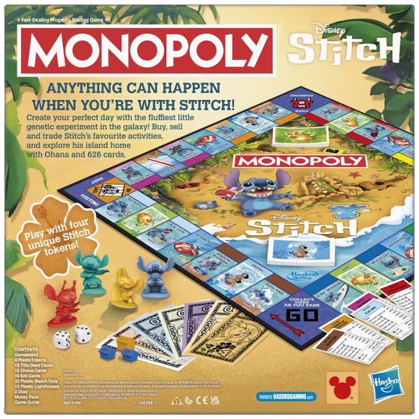 Monopoly Disney Stitch este o editie speciala a clasicului joc de societate Monopoly inspirata de universul amuzant al personajului Stitch Jucatorii cumpara vand si schimba proprietati tematice incearca sa isi construiasca strategia perfecta si sa devina cel mai bogat jucator de pe tabla Grafica colorata si ilustratiile cu Stitch aduc un plus de distractie jocului clasic transformand fiecare partida intr-o aventura plina de umor Este un joc ideal pentru serile petrecute in familie sau cu 