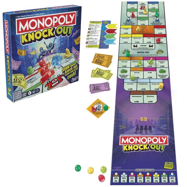 Monopoly Knock Out este un joc de societate dinamica si competitiv care aduce o abordare completa noua asupra clasicului Monopoly transformand fiecare partida intr-o experienta rapida si plina de actiune In locul regulilor traditionale jucatorii isi lanseaza jetoanele pe tabla de joc incercand sa isi passtreze pozitia pe proprietati valoroase si sa ii elimine pe adversari pentru a castiga bani Designul modern si mecanica interactiva fac jocul utilizatorului de inteles si extrem de 
