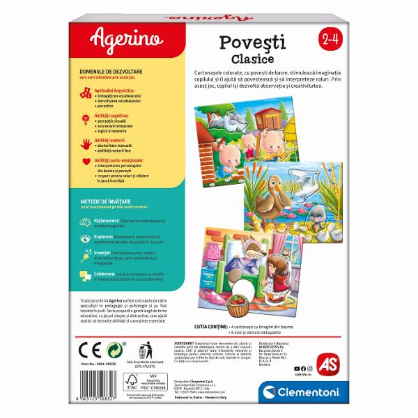 Invata copiii cele mai dulci povesti si personajele lor prin imagini frumoase Jocul contine cartonase colorate de dimensiuni mari fiind usor de inteles si extrem de durabile Prin joc copilul isi exercita concomitent abilitatile motorii logica si spiritual de observatie Varsta recomandata 2 ani