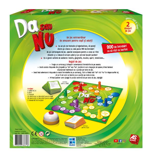 Da sau Nu - un joc de societate pentru 2- 6 jucatori sa se distreze pe cinste cu mai mult de 900 de intrebari capcana de pe cartonasele de joc concepute cu iscusinta Cartonasele contin intrebari pentru cei mici si mari din categorii diverse istorie geografie muzica sport televiziune Scopul jocului este de a raspunde la toate intrebarile fara a utiliza cuvintele Da sau Nu Cel care raspunde la cele mai multe intrebari castiga Jucatori 2-6 Valori educative dezvoltatea spiritul de 