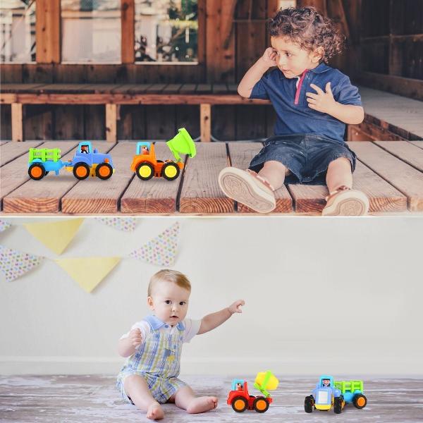 - &Icircn acest set de jucarii exista patru vehicule utilitare inclusiv tractorul buldozerul autobasculatorul si mixerul de ciment Ele sunt cadouri perfecte pentru acei copii de peste 18 luni - Jucarie sigura fabricata din material plastic de inalta calitate si netoxica este durabila si sigura care permite copilului sa se joace cu ele in mod liber si din nou - Culorile lor sunt vii si luminoase care pot promova capacitatea copilului de coordonare a ochilor maini si de perceptie 