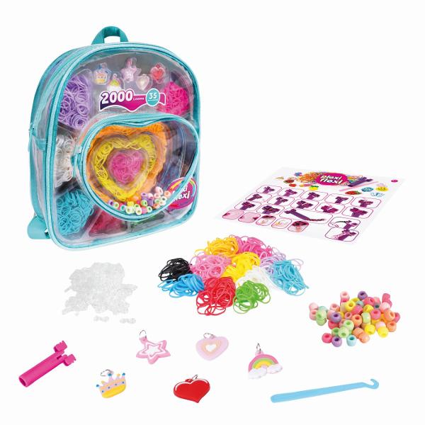 Set creativ Plexi Flexi in rucsac ideal pentru copii care iubesc activitati handmade si accesorii colorate Acest kit include 2000 de elasticuri multicolore 5 accesorii si 30 de margele pentru decorare oferind tot ce este necesar pentru realizarea unor bratari si creatii unice Setul este ambalat intr-un rucsac modern si practic care permite transportul facil tuturor componentelor astfel incat copiii pot crea oriunde  acasa in vacanta sau alaturi de prieteni Rucsacul poate fi folosit si 