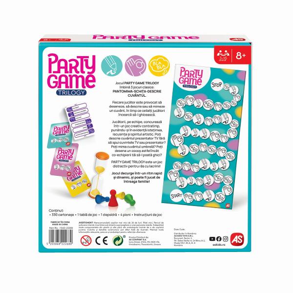 Party Game Trilogy este un joc de societate dinamica si distractiv care aduce impreuna trei jocuri clasice intr-unul singur oferind experienta variata si pline de energie pentru intreaga familie sau grupuri de prieteni Trilogia jocurilor de societate combina trei dintre cele mai indragite tipuri de joc desen sketching mima charades si descriere guess the word punand la incercare creativitatea imaginatia si spiritul echipamentului participantilor Jucatorii trebuie sa deseneze sa 