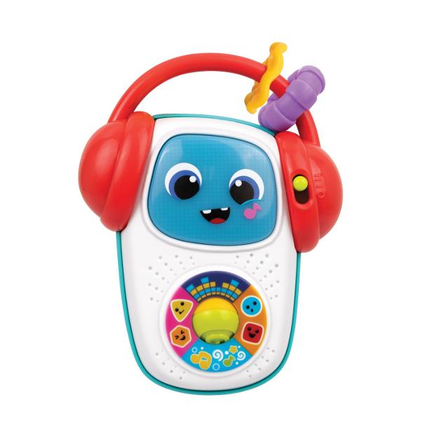 Player-ul Muzical Portabil Winfun este o jucarie interactiva special conceputa pentru bebelusi de la 3 luni ideala pentru stimularea auditiva si dezvoltarea timpurie Designul colorat si prietenos cu fata zambitoare si casti mari atrage imediat atentia celor mici si ii incurajeaza sa exploreze Jucaria reda 10 melodii clasice si 10 melodii vesele fiind insotite de lumini intermitente care creeaza o experienta senzoriala completa Butonul central rotativ si comenzile usor de apasa sunt 