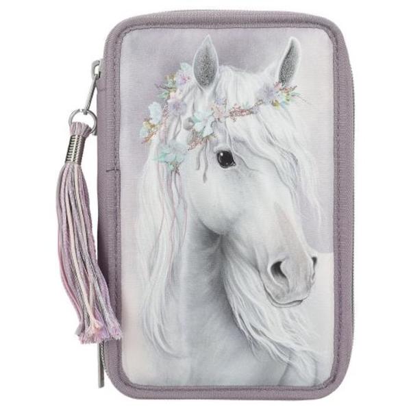 PENAR&nbsp;ECHIPAT FANTASY HORSES -&nbsp;MISS MELODYProducator&nbsp;DepescheCod produs&nbsp; 13126Varsta&nbsp; 6 ani Dimensiuni pachet&nbsp;20 x 13 x 75 cmGreutate&nbsp; 061 kg&nbsp;Trusa Miss Melody in mov deschis are in fata un motiv mare de cal cu o coroana de flori in coama si detalii cu 