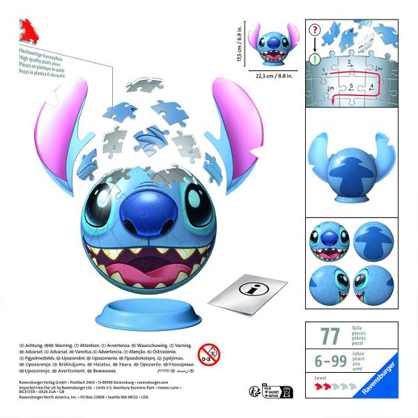 Creeaza constructii 3D unice cu puzzle&8209;urile 3D de la Ravensburger Descopera modul tridimensional de asamblare a puzzle&8209;urilor realizate din material plastic rigid care permite stabilitatea constructiei fara a folosi lipici Obiectele asamblate nu se desprind iar piesele se imbina ferm intre ele Materialul folosit pentru producerea elementelor este usor de curatat  este suficient sa folosesti o carpa umeda Globul Stitch este ideal pentru fanii acestui personaj Sfera cu acest 