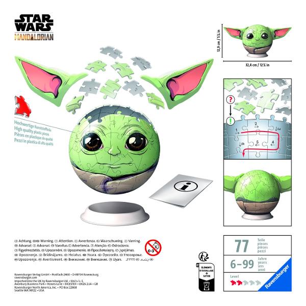 Creeaza constructii 3D unice cu puzzle&8209;urile 3D de la Ravensburger Descopera modul tridimensional de asamblare a puzzle&8209;urilor realizate din material plastic rigid care permite stabilitatea constructiei fara a folosi lipici Obiectele asamblate nu se desprind iar piesele se imbina ferm intre ele Materialul folosit pentru producerea elementelor este usor de curatat  este suficient sa folosesti o carpa umeda Globul Star Wars Grogu este ideal pentru fanii acestui personaj Sfera cu 