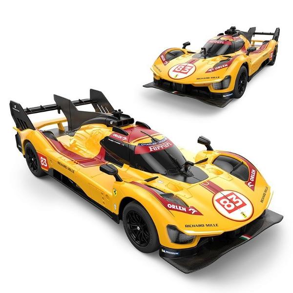 Copilul dumneavoastra se poate juca in voie cu masina cu telecomanda Ferarri  499P N83 GALBEN scara 1 la 24 oferita de brandul international Rastar Nicio cursa nu este imposibil de castigat cu acesta masinuta replica oficiala cu licenta a modelului original construita cu mare atentie la detalii Masinuta are proportiile ideale pentru momente pline de distractie si amuzament avand dimensiunile in centimetri dupa cum urmeaza  199553Masinuta functioneaza pe frecventa de 24GAlimentarea 