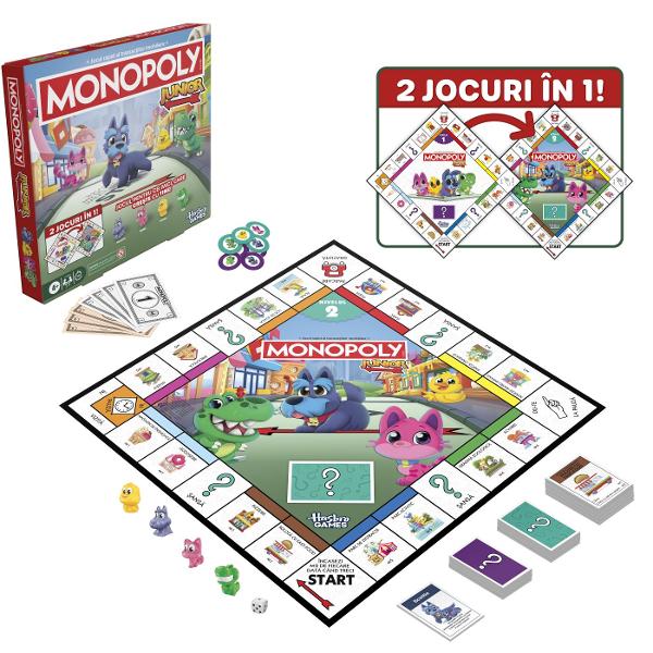 Fiecare miliardar incepe de undeva Acest joc 2 in 1 Monopoly Junior pentru copii include o tabla cu doua fete si 2 niveluri de dificultate astfel incat familiile pot alege nivelul care li se potriveste cel mai bine Nivelul 1 este recomandat pentru copiii cu varsta de 4 sau 5 ani si ajuta copiii sa exerseze potrivirea si numaratul cand numara spatii potrivesc imagini si cumpara proprietati Castiga jucatorul cu cele mai multe proprietati &Icircntoarce tabla de joc pentru a trece la 