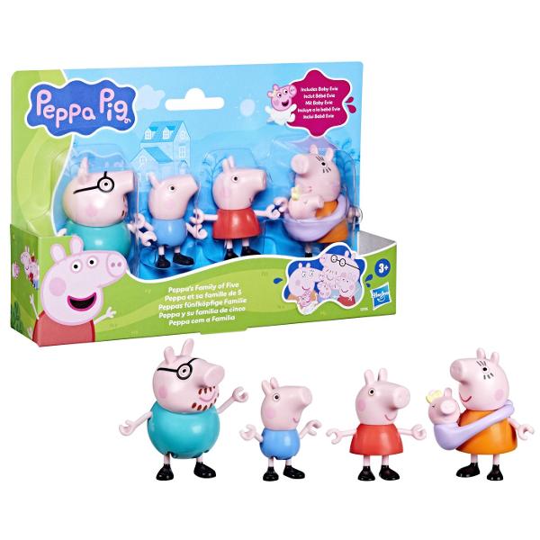 Familia Pig este acum o familie de cinci persoane Acest set de jucarii Peppa Pig include Daddy Pig Mummy Pig George Peppa si Baby Evie in transportorul ei Cei mici pot pune transportorul pe Mummy sau Daddy Pig si pot recrea scenele preferate din serial sau pot spune propriile povesti noi Figurinele pozitionabile se pot chiar tine de mana pentru momente dulci in familie Jucarii precum setul de figurine Peppa&39s Family of Five sunt cadouri excelente pentru fete si baieti de 3 ani si 