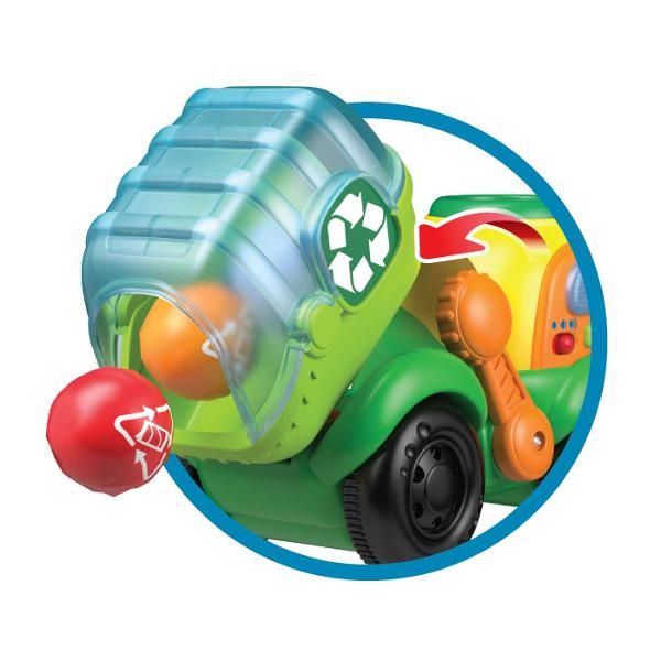 Jucarie De Tras Camion De Reciclare Cu Bile este o jucarie interactiva pentru cei mici conceputa pentru joaca activa si descoperirea relatiei cauza-efect Copilul poate introduce bilele in partea superioara a camionului pentru a activa lumini si sunete In timpul deplasarii camionul se balanseaza iar prin actionarea manetei bilele sunt eliberate si se rostogolesc afara Butoanele interactive redau fraze amuzante iar jocul contribuie la dezvoltarea motricitatii fine coordonarii mana-ochi si 