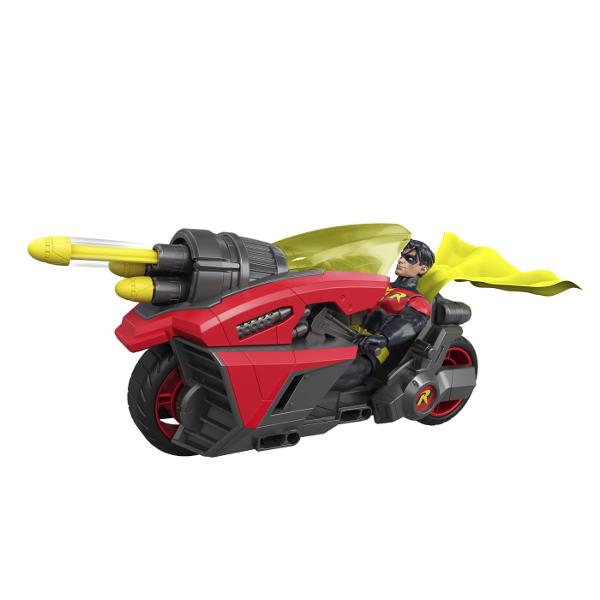 Setul DC cu figurina Robin si motocicleta aduce aventurile supereroilor intr-un format dinamic de joaca Motocicleta are un design robust inspirat de stilul personajului Robin si este prevazuta cu mecanism de lansare a proiectilelor pentru scenarii de actiune si confruntari imaginare Setul include figurina Robin motocicleta si 3 proiectile care pot fi lansate din partea frontala a vehiculului Figurina poate fi asezata pe motocicleta pentru recrearea misiunilor si aventurilor inspirate din 